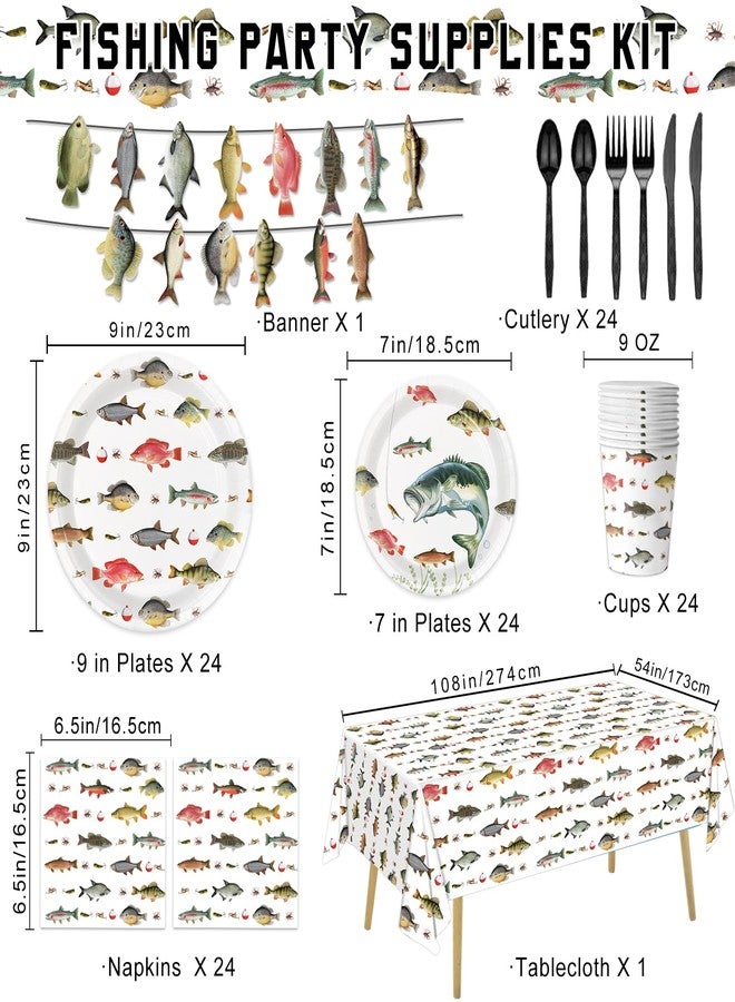 LINHAXM 170PCS Fishing Birthday Party Decorations Gone Fishing Party Decorations Include Plates, Cups, Cutlery, Banner, Tablecloth for Ofishally One Birthday Decorations - Image 2