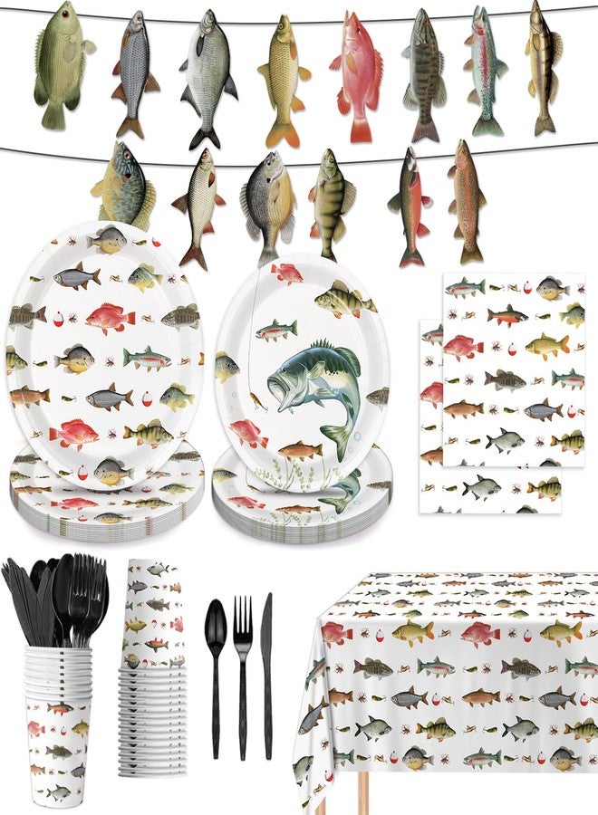 LINHAXM 170PCS Fishing Birthday Party Decorations Gone Fishing Party Decorations Include Plates, Cups, Cutlery, Banner, Tablecloth for Ofishally One Birthday Decorations - Image 1