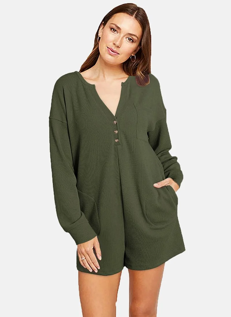 يونيكي Olive Green Full Sleeve Playsuit