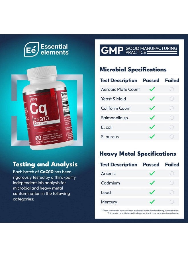 Essential Elements CoQ10 100mg Softgels for Heart, Brain, and Vascular Support - Comprehensive Coenzyme Q10 Supplement Formulated for Optimal Absorption - 60 Count, 2 Month Supply - Image 2