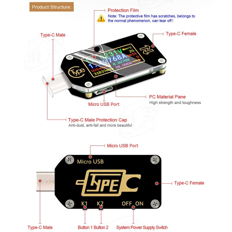 MakerHawk TC66C USB Tester USB C Power Meter USB Voltage Meter Type-C Current and Voltage Monitor, USB Safety Tester, PD Battery Capacity Meter, Digital Color LCD Display Multimeter - Image 2