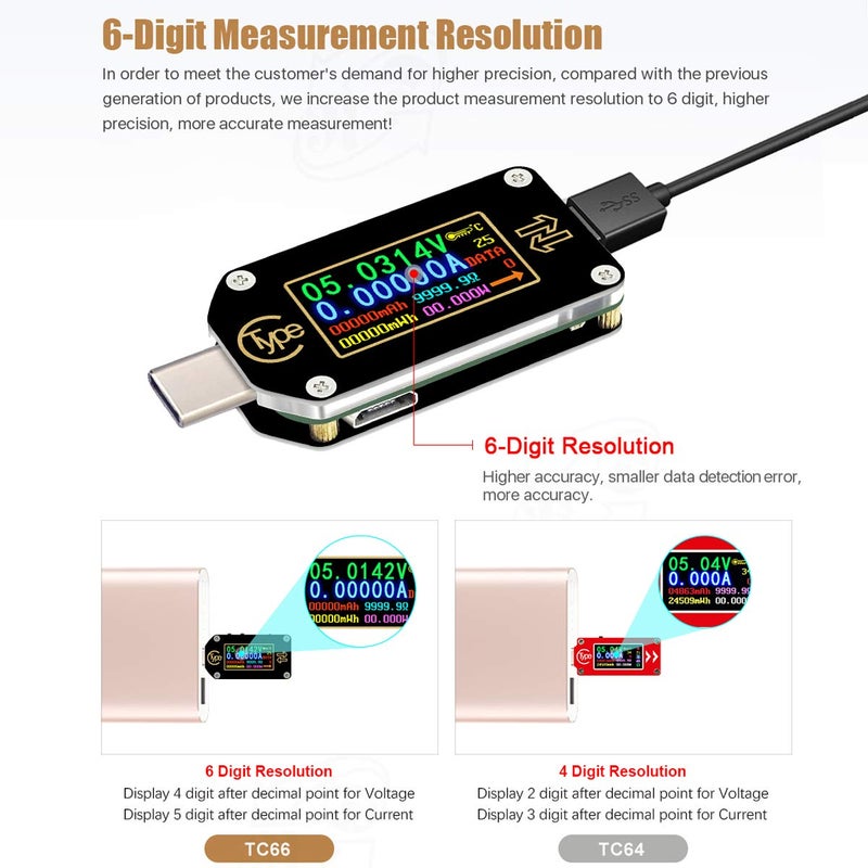 MakerHawk TC66C USB Tester USB C Power Meter USB Voltage Meter Type-C Current and Voltage Monitor, USB Safety Tester, PD Battery Capacity Meter, Digital Color LCD Display Multimeter - Image 4
