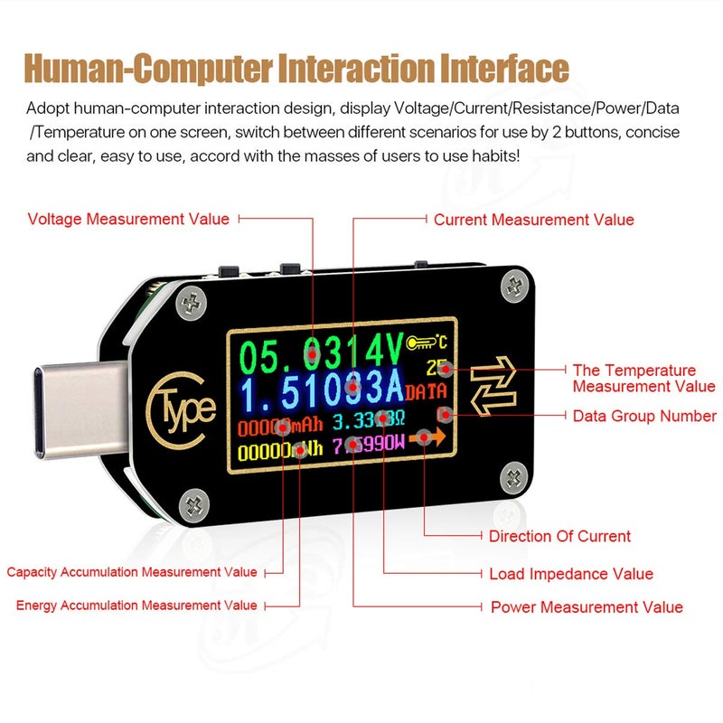 MakerHawk TC66C USB Tester USB C Power Meter USB Voltage Meter Type-C Current and Voltage Monitor, USB Safety Tester, PD Battery Capacity Meter, Digital Color LCD Display Multimeter - Image 3