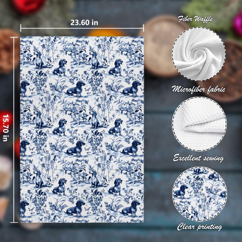 Nipil Chinoiserie Dachshund Kitchen Towels, Dachshund Gifts Decorative Dish Tea Towels, Blue and White Floral Botanical Grandmillennial Weiner Dog Hand Towels for Kitchen Bathroom, 16x24 Inch - Image 2