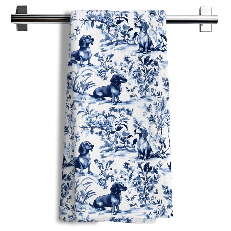 Nipil Chinoiserie Dachshund Kitchen Towels, Dachshund Gifts Decorative Dish Tea Towels, Blue and White Floral Botanical Grandmillennial Weiner Dog Hand Towels for Kitchen Bathroom, 16x24 Inch - Image 1