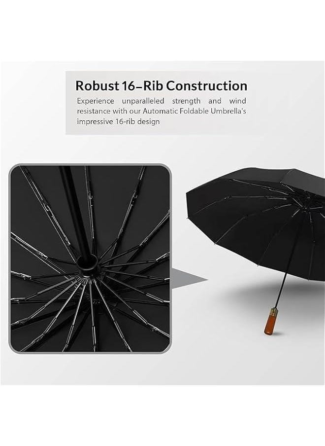 TRASSLE Large automatic folding umbrella, large umbrella surface, luxurious wooden handle, UV protection, windproof, suitable for rainy and sunny days  - Image 2