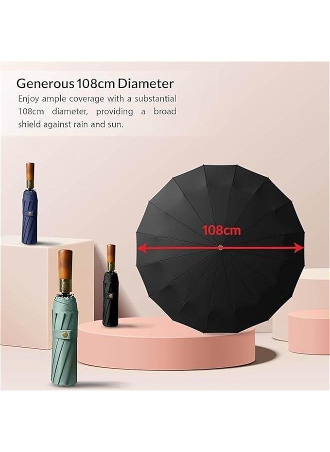 TRASSLE Large automatic folding umbrella, large umbrella surface, luxurious wooden handle, UV protection, windproof, suitable for rainy and sunny days  - Image 3