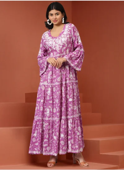 Alaya Hand Embroidered Chikankari A-Line Gathering Pattern Mulmul Cotton Jalabiya-AL3673