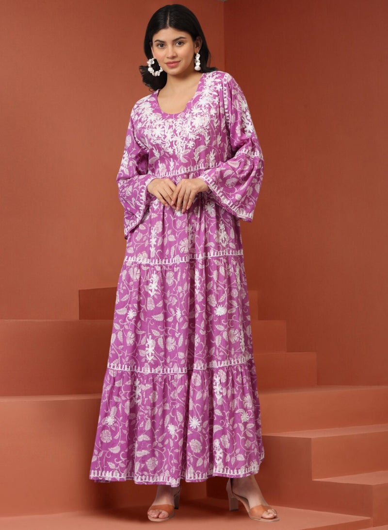 Alaya Hand Embroidered Chikankari A-Line Gathering Pattern Mulmul Cotton Jalabiya-AL3673 - Image 1