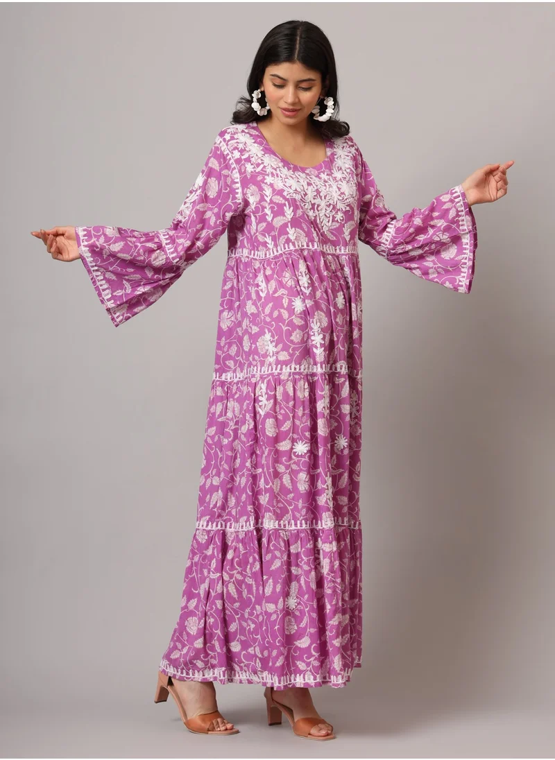 Alaya Hand Embroidered Chikankari A-Line Gathering Pattern Mulmul Cotton Jalabiya-AL3673