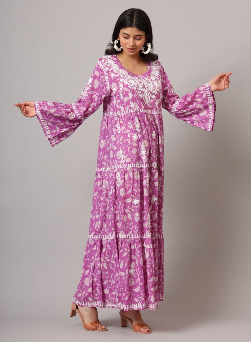 Alaya Hand Embroidered Chikankari A-Line Gathering Pattern Mulmul Cotton Jalabiya-AL3673 - Image 4