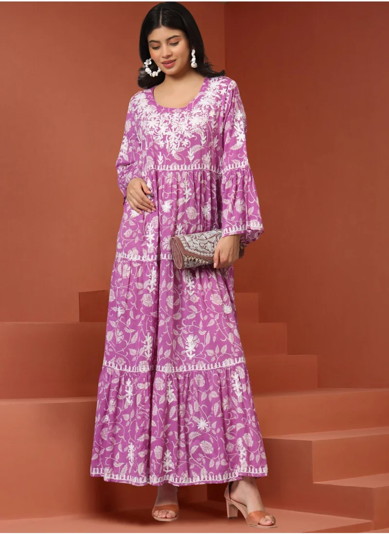 Alaya Hand Embroidered Chikankari A-Line Gathering Pattern Mulmul Cotton Jalabiya-AL3673