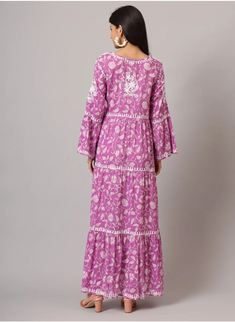 Alaya Hand Embroidered Chikankari A-Line Gathering Pattern Mulmul Cotton Jalabiya-AL3673