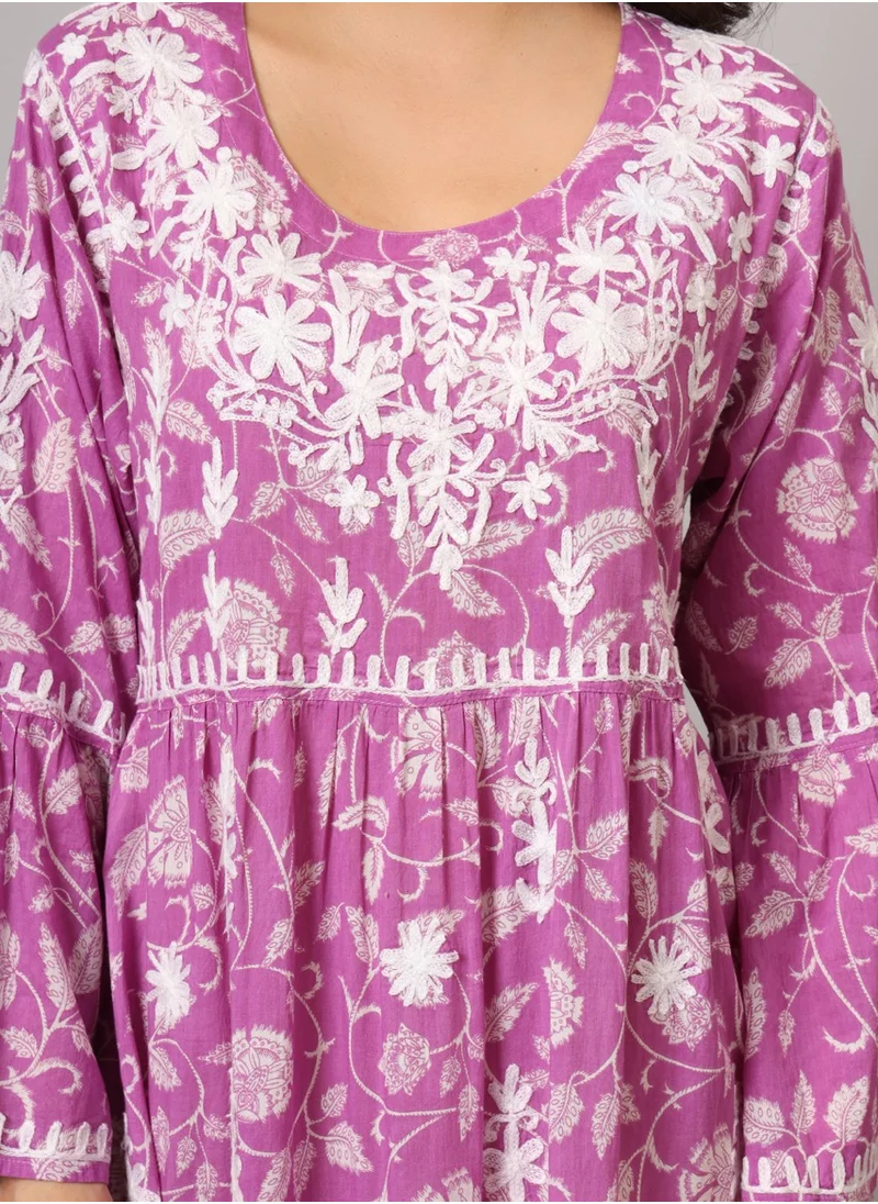Alaya Hand Embroidered Chikankari A-Line Gathering Pattern Mulmul Cotton Jalabiya-AL3673