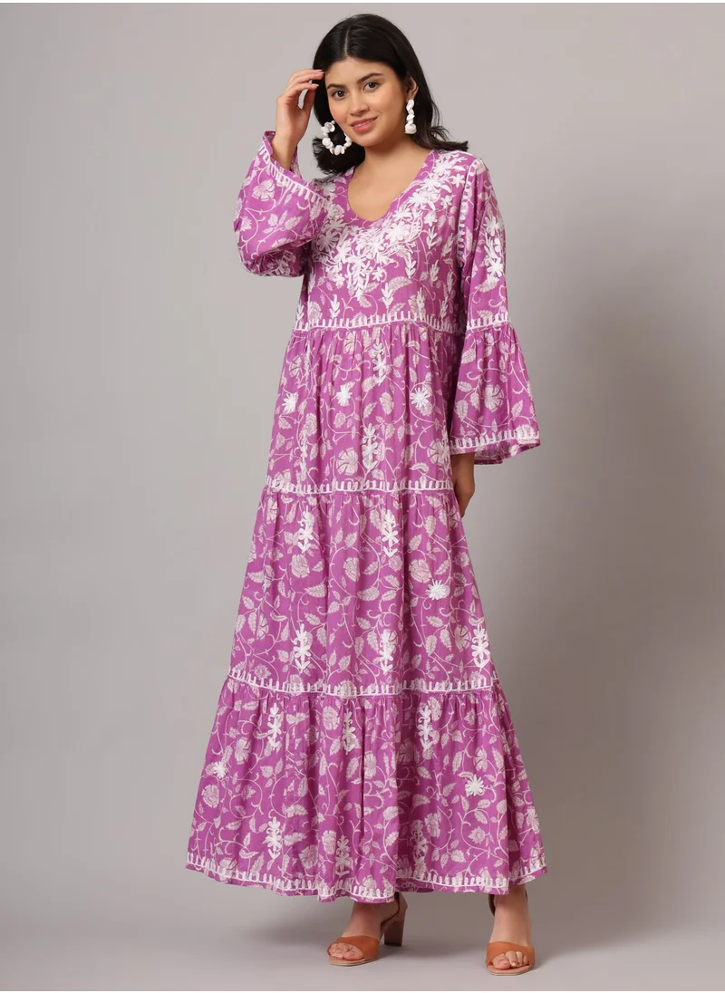 Alaya Hand Embroidered Chikankari A-Line Gathering Pattern Mulmul Cotton Jalabiya-AL3673