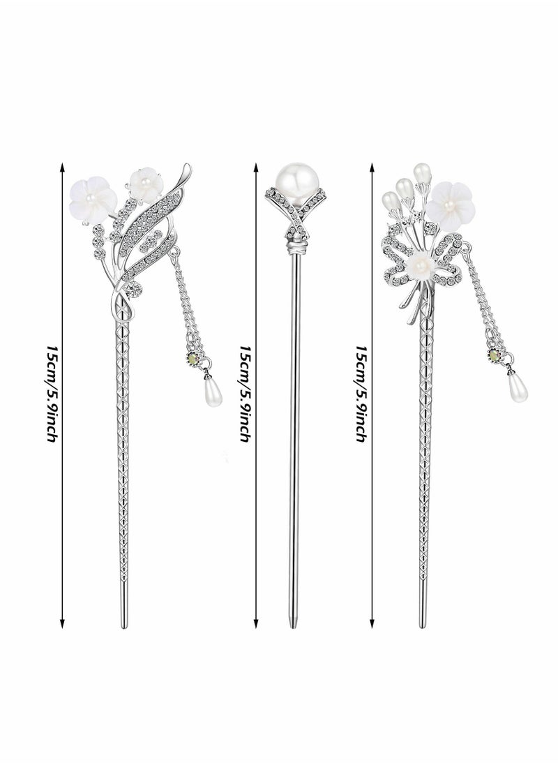 SYOSI - 3 Pieces Chinese Hair Stick Japanese Hairpin Chopsticks for Women Pearl Rhinestone Flower Accessories Vintage Tassel Handmade Jewelry Girls - Image 1