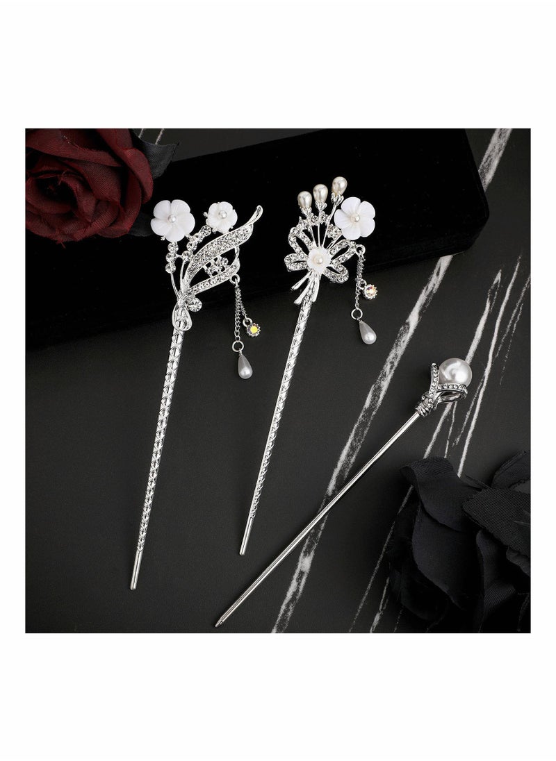 SYOSI - 3 Pieces Chinese Hair Stick Japanese Hairpin Chopsticks for Women Pearl Rhinestone Flower Accessories Vintage Tassel Handmade Jewelry Girls - Image 1