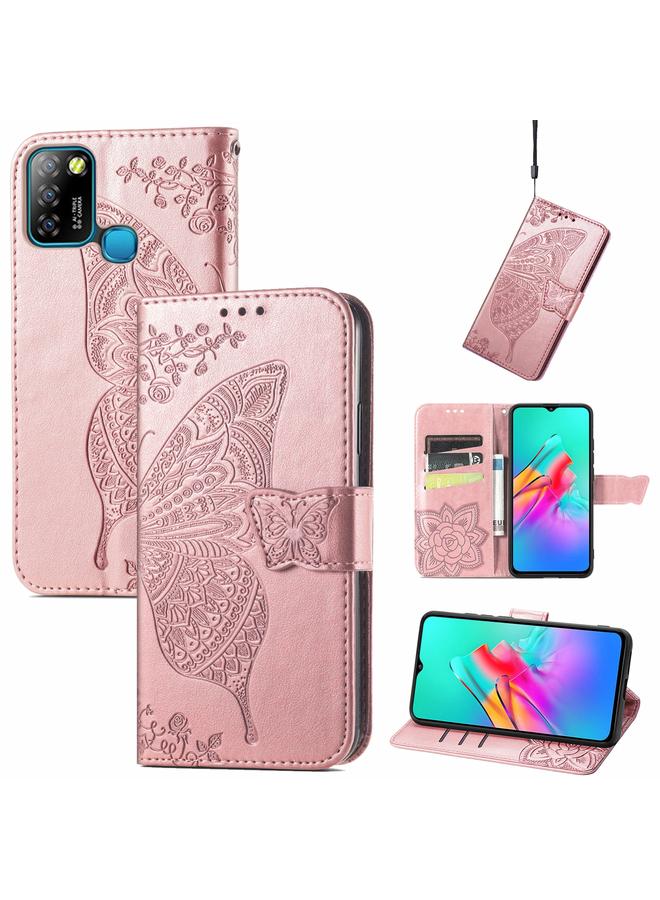 زبون جراب لهاتف Infinix Smart 5 من الجلد المنقوش بنقشة زهور الفراشة مع حامل وفتحات للبطاقات ومحفظة وحبل تعليق - Image 1