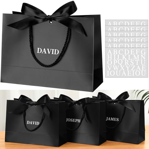 Fullhawl 6 Pack Custom Groomsmen Bridesmaid Gift Bags Bulk Personalized Gift Bags with Name Stickers Handle Bow Ribbon 5 Senses Welcome Return Gifts for Wedding Proposal Bachelor Birthday PartyBlack - Image 1