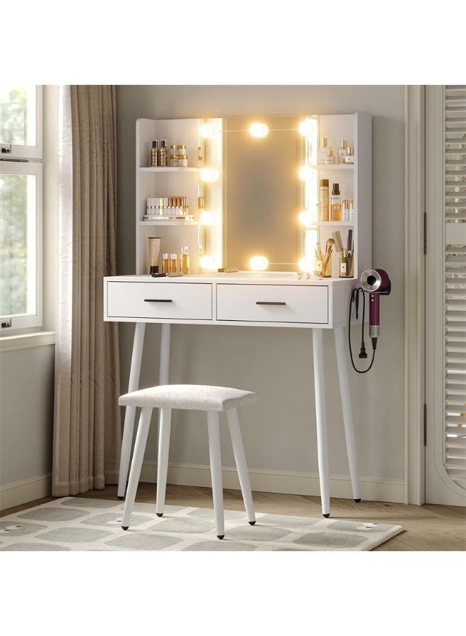 CityRiya-Long Vanity Desk with Lighted Mirror, 100cm Makeup Vanity Table with Chair, Large Modern Vanity Desk, Bedroom Makeup Dressing Table Set, Dresser with Drawers and Stool for Girls Women (White) - Image 1
