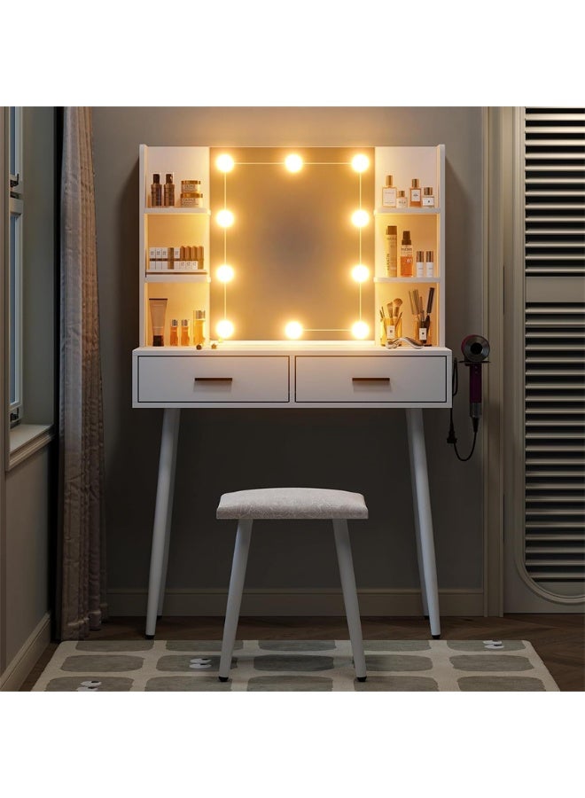 CityRiya-Long Vanity Desk with Lighted Mirror, 100cm Makeup Vanity Table with Chair, Large Modern Vanity Desk, Bedroom Makeup Dressing Table Set, Dresser with Drawers and Stool for Girls Women (White) - Image 4