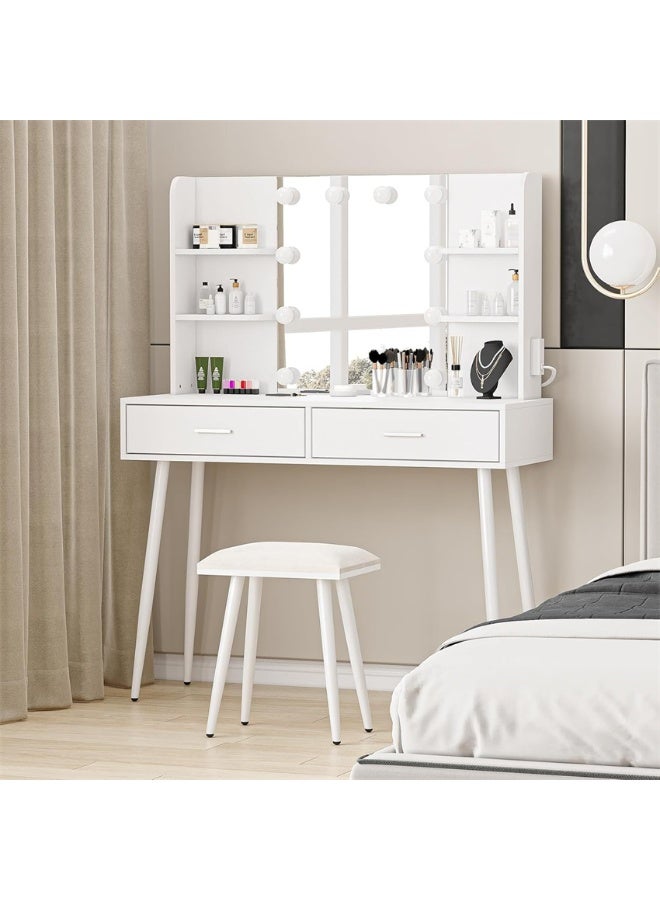 CityRiya-Long Vanity Desk with Lighted Mirror, 100cm Makeup Vanity Table with Chair, Large Modern Vanity Desk, Bedroom Makeup Dressing Table Set, Dresser with Drawers and Stool for Girls Women (White) - Image 5