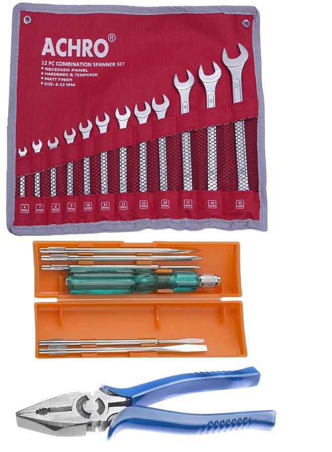 ACHRO 919 Universal Tool Kit Set (6 Pcs Screwdriver Set & 12 Pcs Spanner Set, 8 inch Plier) Set of 19 Pieces - Image 1