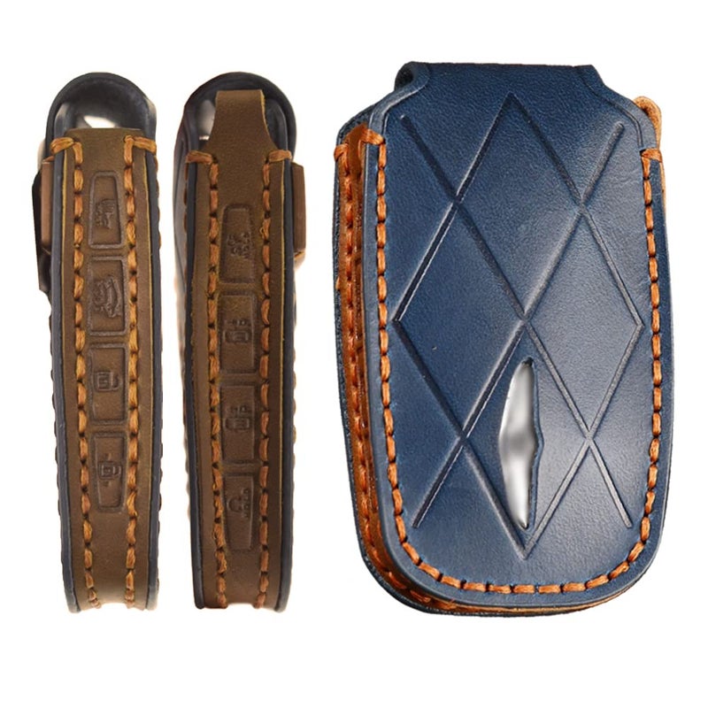 SANRILY Handmade Leather 8 Button Key Fob Cover for Hyundai Genesis G90 GV60 2023 Smart Key Keyless Full Protection Key Fob Case with Keychain Blue