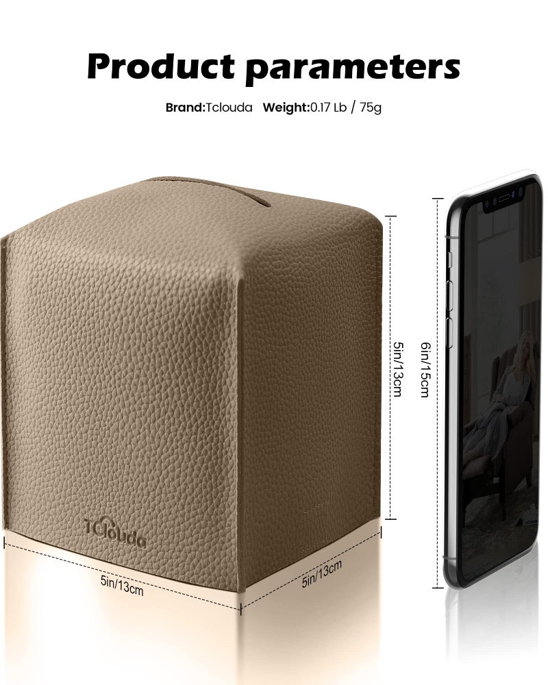 Tclouda Tissue Box Cover for PU Leather, Modern Simple Solid Color Holder Square Tissue Bag, Ideal for Bathrooms,Office,Car,Outdoor Tent,Dining Table,5"X5"X5", Single Cocoa Brown - Image 2
