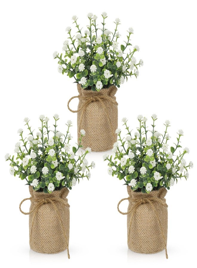 DILATATA Artificial Mini Potted Flowers Set of 3, Faux Baby’s Breath Plant with Burlap Pot, Small Fake Greenery Desk Decor for Home Office Shelf Table Centerpiece, Rustic Farmhouse Wedding Spring Decorations - Image 1
