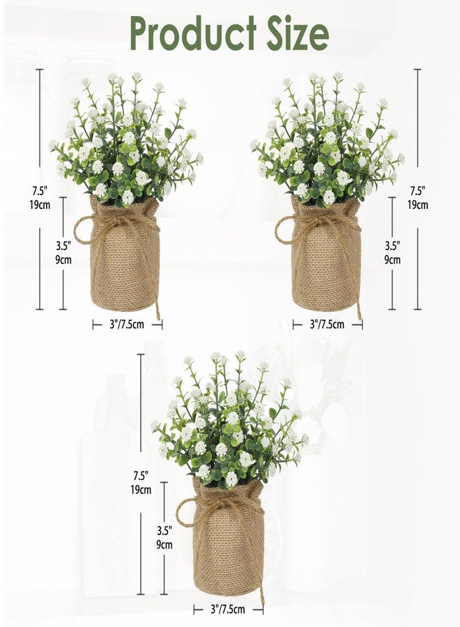 DILATATA Artificial Mini Potted Flowers Set of 3, Faux Baby’s Breath Plant with Burlap Pot, Small Fake Greenery Desk Decor for Home Office Shelf Table Centerpiece, Rustic Farmhouse Wedding Spring Decorations - Image 2