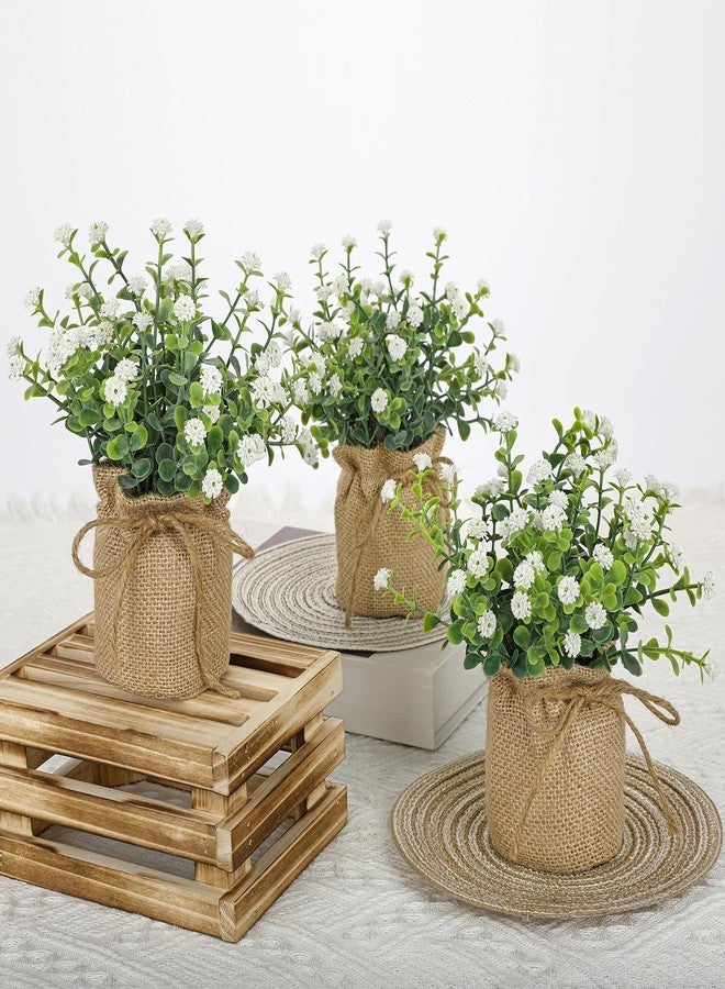 DILATATA Artificial Mini Potted Flowers Set of 3, Faux Baby’s Breath Plant with Burlap Pot, Small Fake Greenery Desk Decor for Home Office Shelf Table Centerpiece, Rustic Farmhouse Wedding Spring Decorations - Image 4