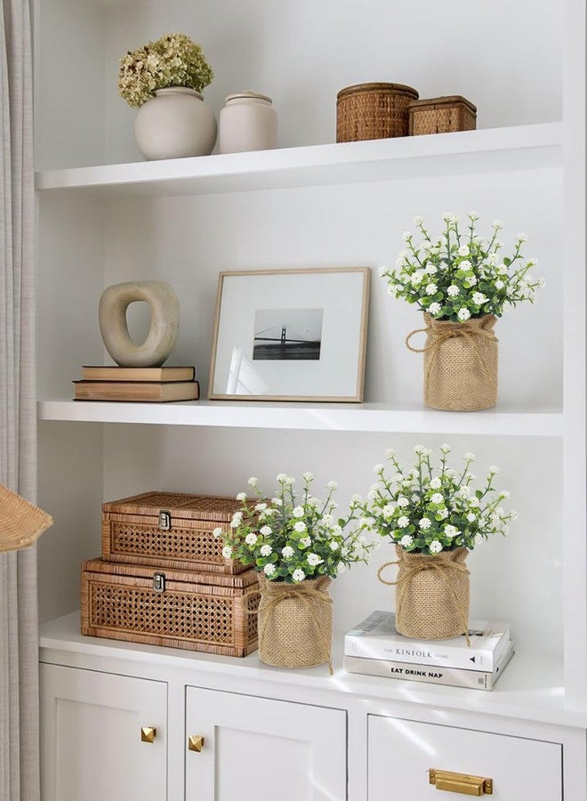 DILATATA Artificial Mini Potted Flowers Set of 3, Faux Baby’s Breath Plant with Burlap Pot, Small Fake Greenery Desk Decor for Home Office Shelf Table Centerpiece, Rustic Farmhouse Wedding Spring Decorations - Image 5