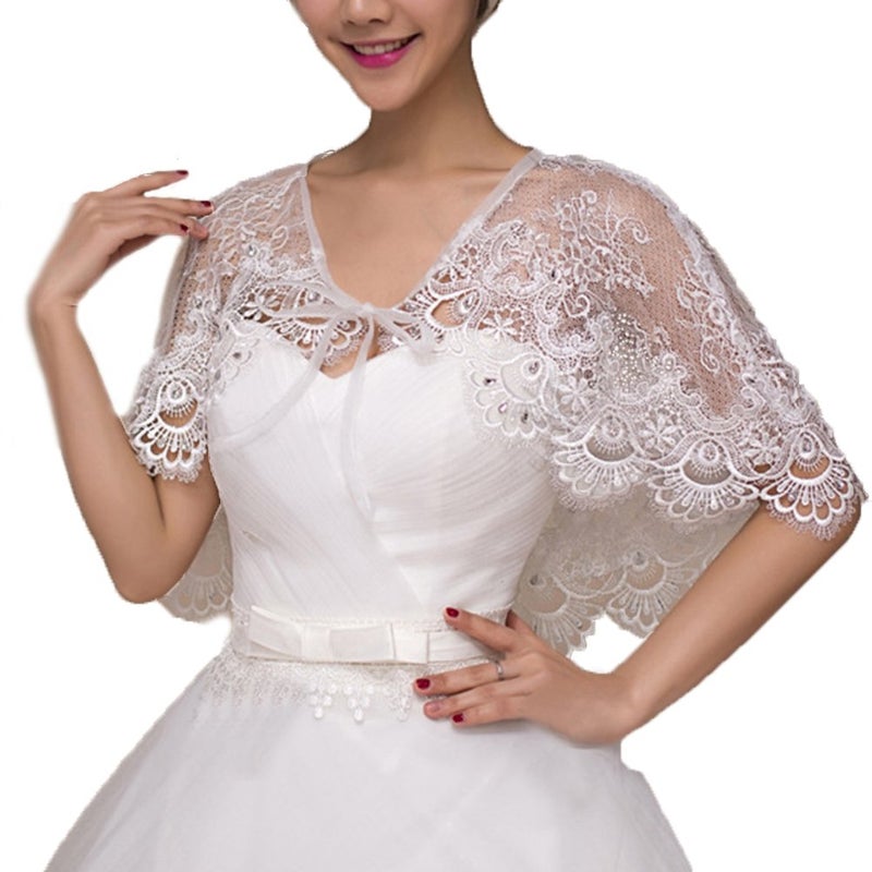 Vivivalue Lace Bride Cape Capelet Wrap Shrug Shawls Stole Boleros Rhinestone Wedding - Image 1