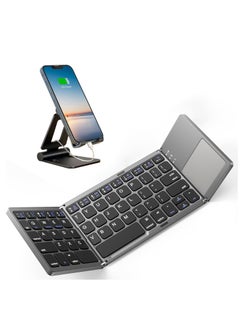 Foldable Bluetooth Keyboard with Touchpad -Portable Wireless Keyboard with Adjustable Foldable Aluminum Alloy Holder, Rechargeable Full Size Ultra Slim Pocket Folding Keyboard-Gray