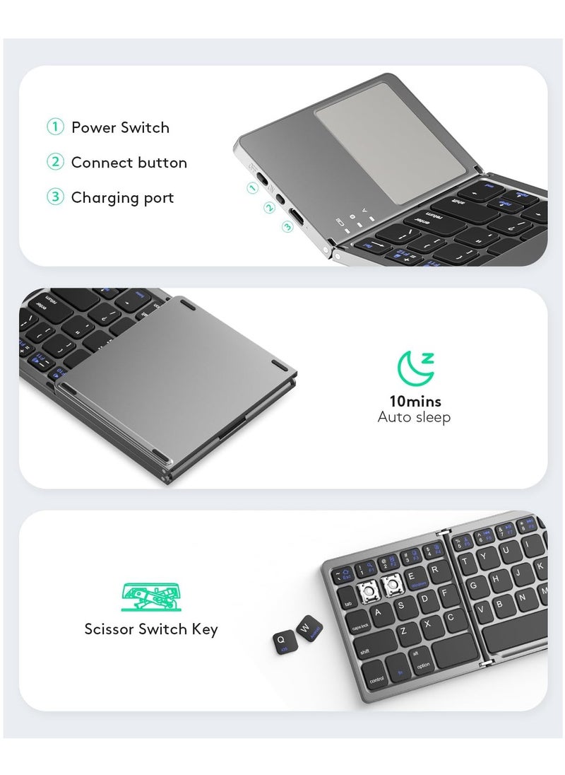 Generic - Foldable Bluetooth Keyboard with Touchpad -Portable Wireless Keyboard with Adjustable Foldable Aluminum Alloy Holder, Rechargeable Full Size Ultra Slim Pocket Folding Keyboard-Gray - Image 1