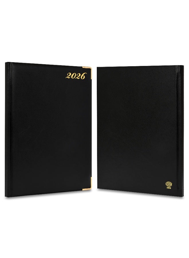 FIS 2026 Executive Diary, Size 210x260mm, Golden Edition, Hard Cover Vinyl, 1 Side Padded, Gold Gilded Edges, Round Corners, English/French, 70gsm White Paper, Black Cover-FSDI32EG26BK - Image 2