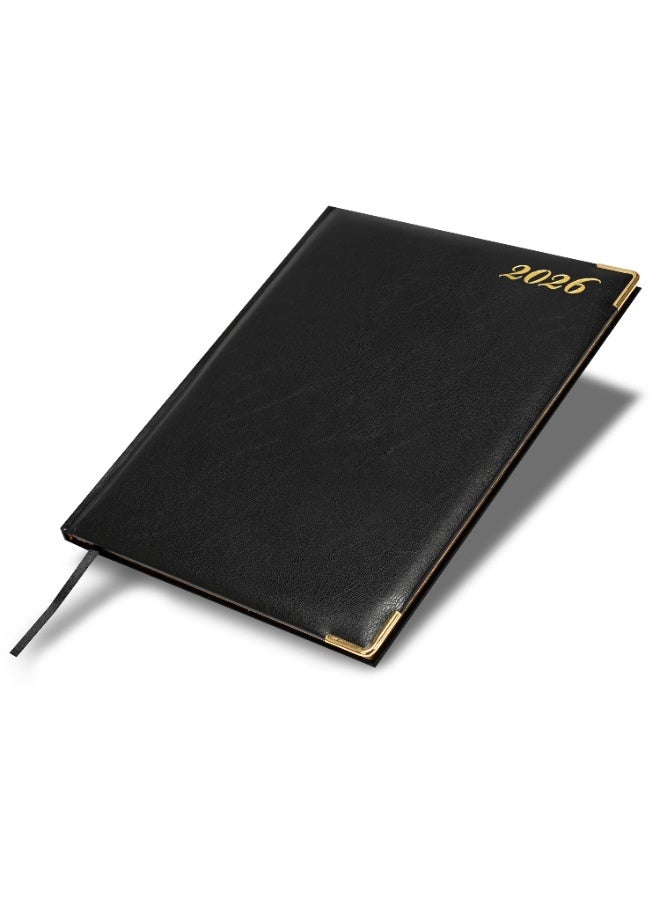 FIS 2026 Executive Diary, Size 210x260mm, Golden Edition, Hard Cover Vinyl, 1 Side Padded, Gold Gilded Edges, Round Corners, English/French, 70gsm White Paper, Black Cover-FSDI32EG26BK - Image 1