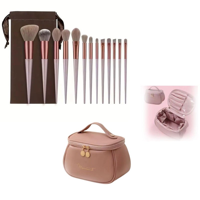 MANTRAVIB Makeup Brushes Set with Luxury PU Leather Bag Skincare Cosmetic Organizer Foundation Concealer Eyeshadow Blush Powder Highlighter Contour Blending Eyeliner Soft Bristles Beauty Brush Kit for Women Girls Makeup Artists Parlour Gift for Travel Vanity Multicolor 13 Pcs - Image 1