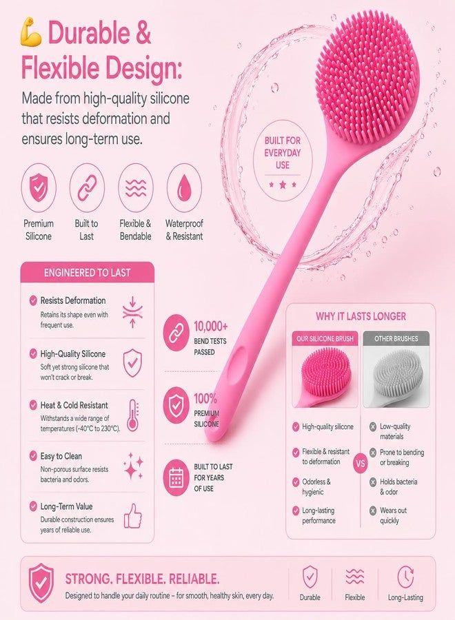 ANTIL'S Soft Silicone Back Scrubber with Long Handle for Shower & Bath | Flexible Exfoliating Brush with Gentle Bristles for Smooth Skin | Body Scrubber for Men, Women & Boys | Ideal for Body Wash & Bathing (PINK) (PINK) - Image 4