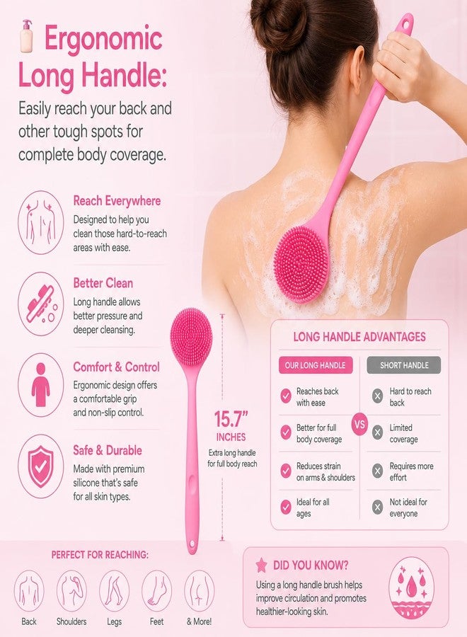 ANTIL'S Soft Silicone Back Scrubber with Long Handle for Shower & Bath | Flexible Exfoliating Brush with Gentle Bristles for Smooth Skin | Body Scrubber for Men, Women & Boys | Ideal for Body Wash & Bathing (PINK) (PINK) - Image 3