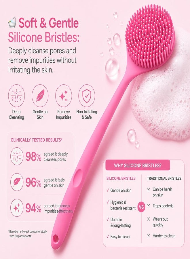 ANTIL'S Soft Silicone Back Scrubber with Long Handle for Shower & Bath | Flexible Exfoliating Brush with Gentle Bristles for Smooth Skin | Body Scrubber for Men, Women & Boys | Ideal for Body Wash & Bathing (PINK) (PINK) - Image 2