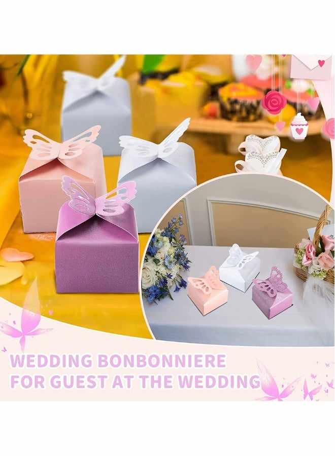 علب هدايا لصالح 60 قطعة على شكل فراشة، علب حلوى زخرفية لحفلات الزواج وأعياد الميلاد، علب هدايا صغيرة على شكل فراشة لحفلات الخطوبة، ، والذكرى السنوية (أبيض، وردي، بنفسجي) - Image 2