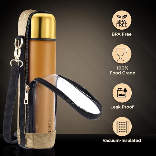 Perch California Hot and Cold Steel Water Bottle 1 Litre, ISI Certified, Vacuum Insulated with Transparent Brown Bag | Leak Proof, BPA-Free | Premium Gifting Flask for Office, School, Gym | Gold-Amber - Image 3