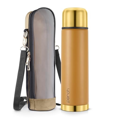 Perch California Hot and Cold Steel Water Bottle 1 Litre, ISI Certified, Vacuum Insulated with Transparent Brown Bag | Leak Proof, BPA-Free | Premium Gifting Flask for Office, School, Gym | Gold-Amber - Image 1