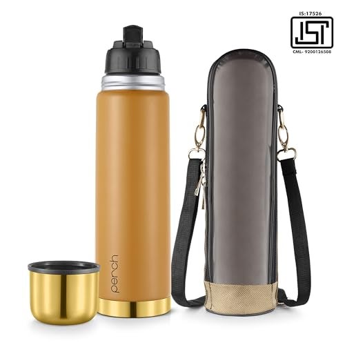 Perch California Hot and Cold Steel Water Bottle 1 Litre, ISI Certified, Vacuum Insulated with Transparent Brown Bag | Leak Proof, BPA-Free | Premium Gifting Flask for Office, School, Gym | Gold-Amber - Image 2