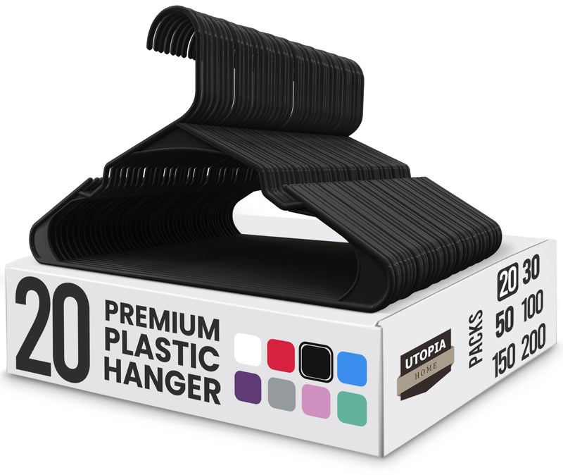 Utopia Home Plastic Hangers 20 Pack - Perfect Space Saving Clothes Hanger - Durable and Strong - Perfect Closet Organizers with Shoulder Grooves (Black) - Image 1