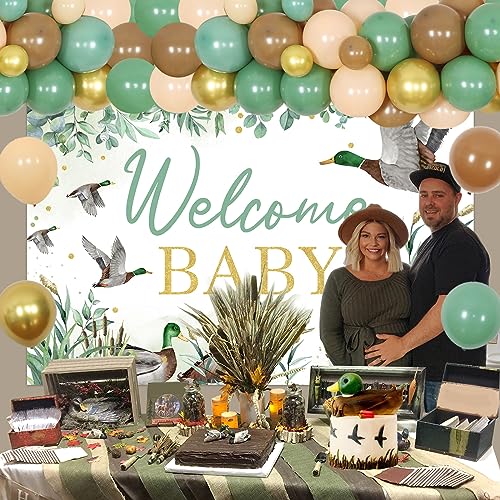 Balterever Duck Hunting Baby Shower Decorations Sage Green Mallard Duck Baby Shower Balloon Garland Kit with Welcome Baby Ducking Hunting Backdrop for Boys and Girls - Image 5