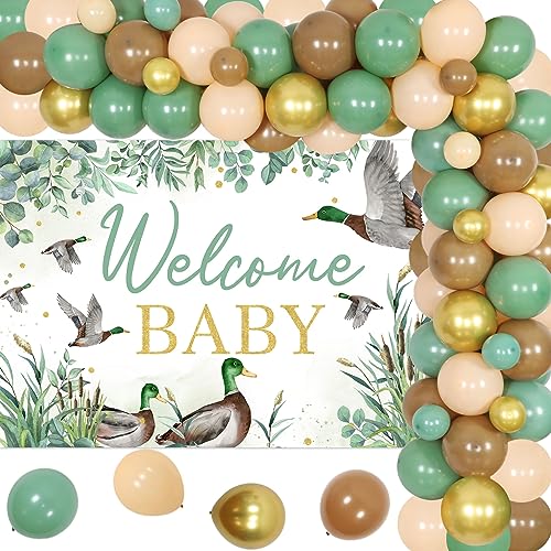 Balterever Duck Hunting Baby Shower Decorations Sage Green Mallard Duck Baby Shower Balloon Garland Kit with Welcome Baby Ducking Hunting Backdrop for Boys and Girls - Image 1