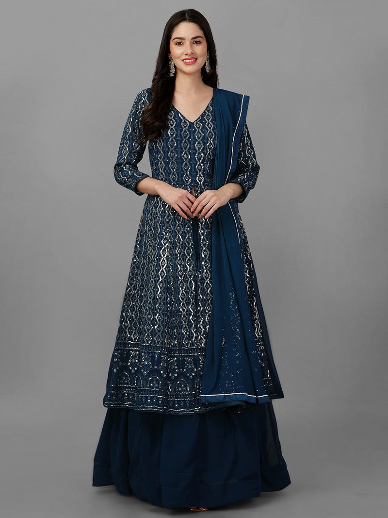TRENDMALLS Women's Georgette Embroidery Salwar Suit Set Kurta Lehenga with Dupatta (G114-Morpeach-S) - Image 4